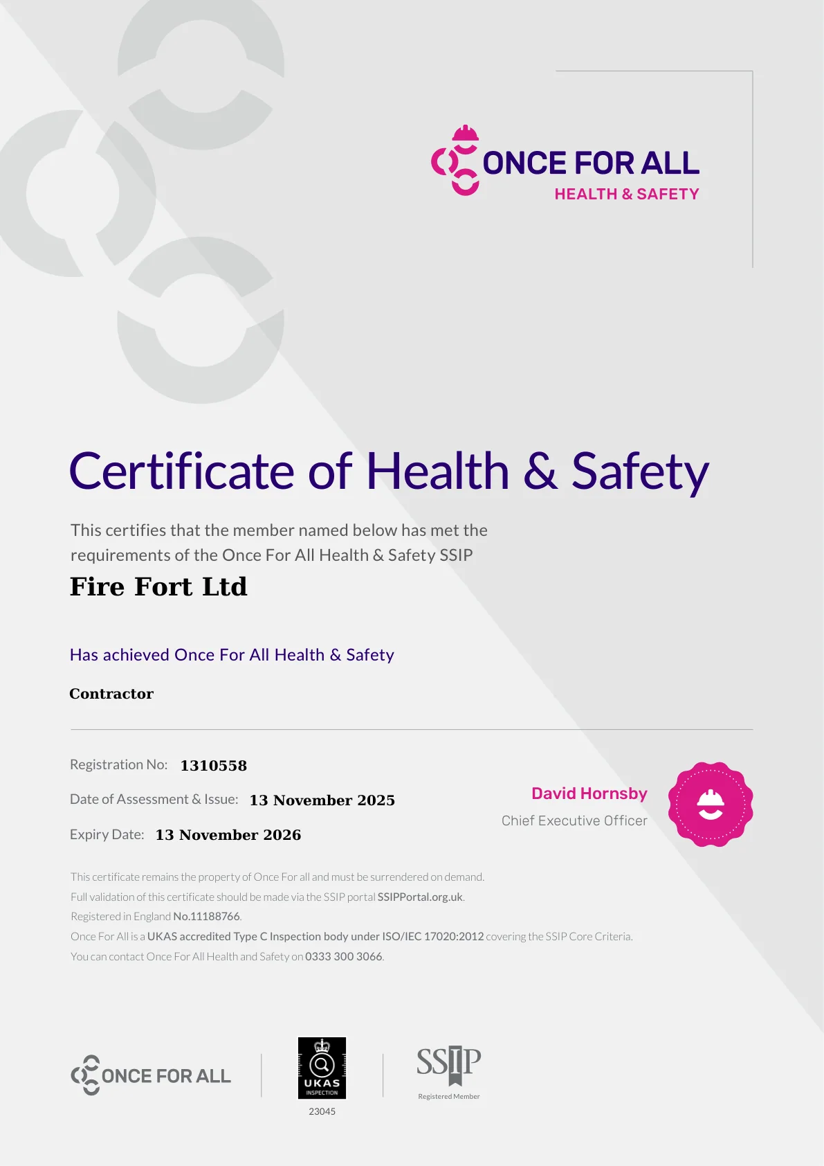 SSIP Health & Safety certificate